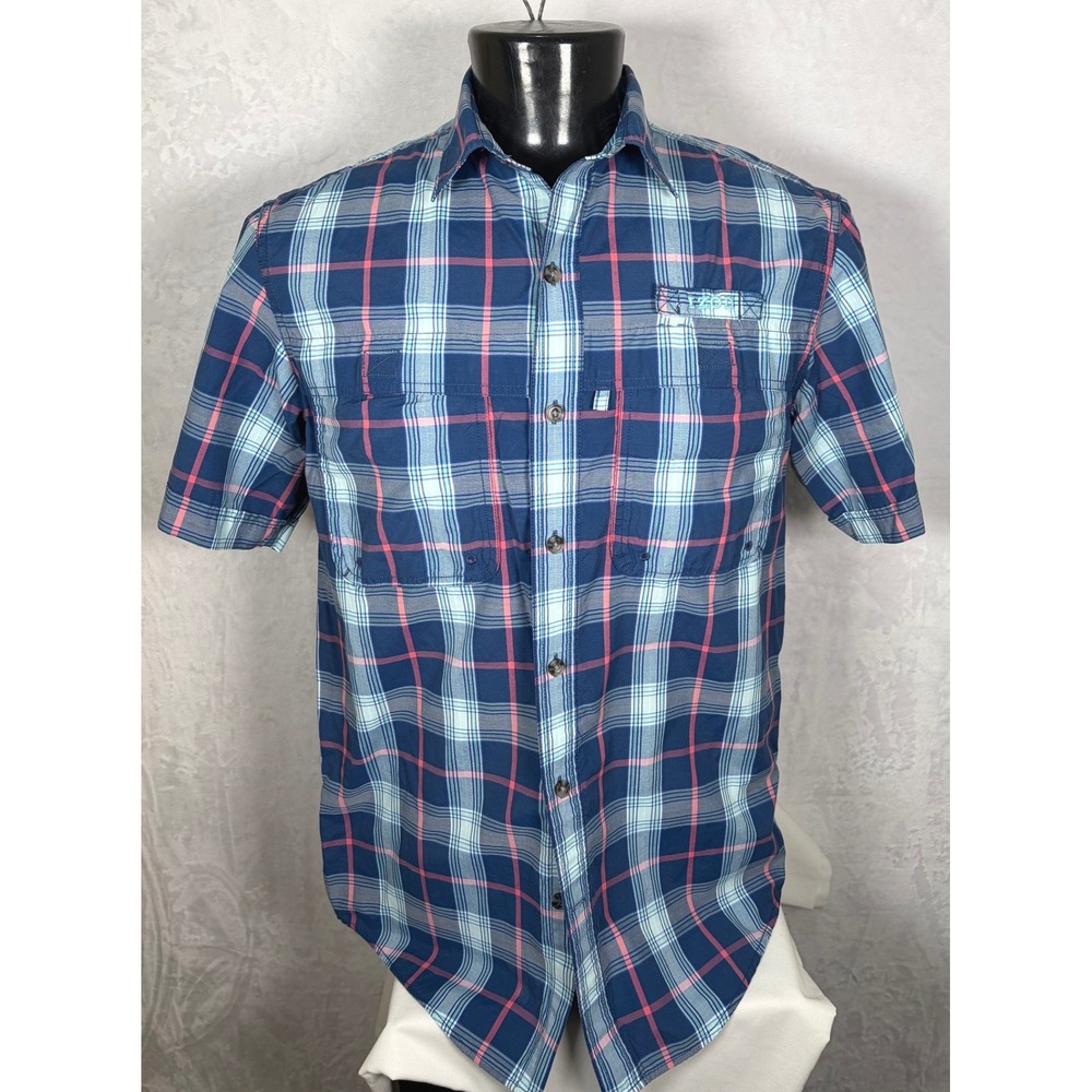 IZOD Saltwater Mens Short Sleeve Button Down Shirt Blue Pink Plaid Vented Medium